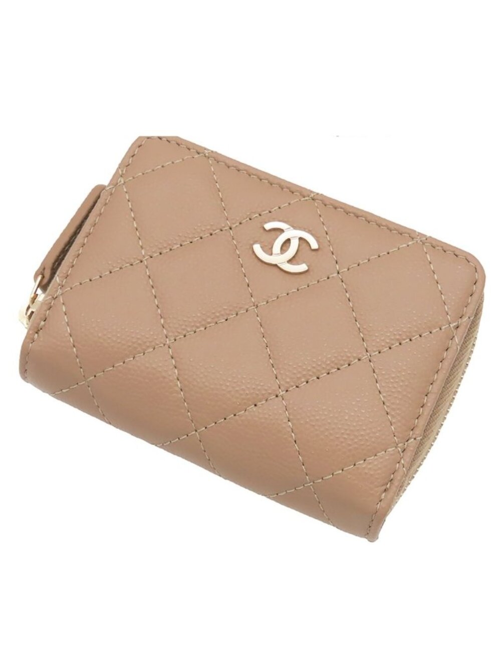 Chanel Compact Wallet Beige Gold Caviar Leather Card Case Coin Purse